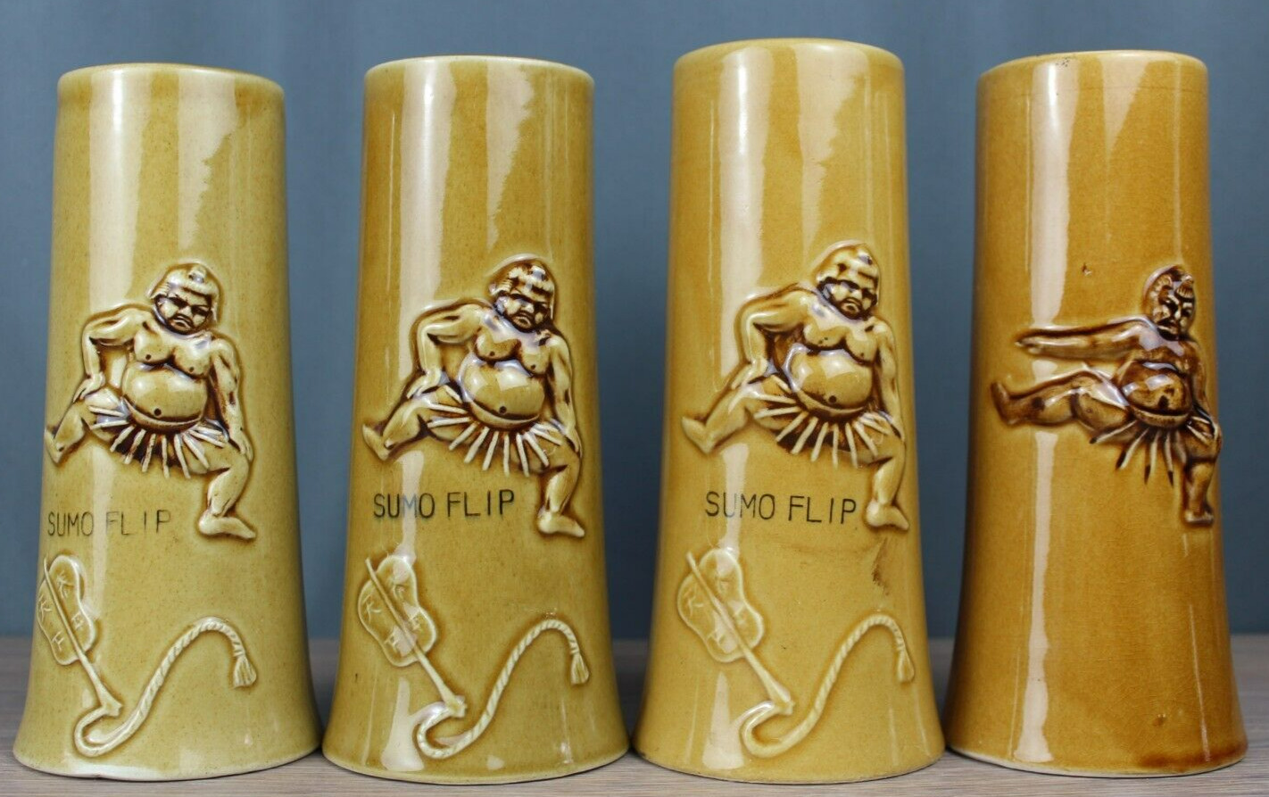 4X Sumo Flip ceramic mugs from Miyako Hotel San Francisco, Tiki Bar,