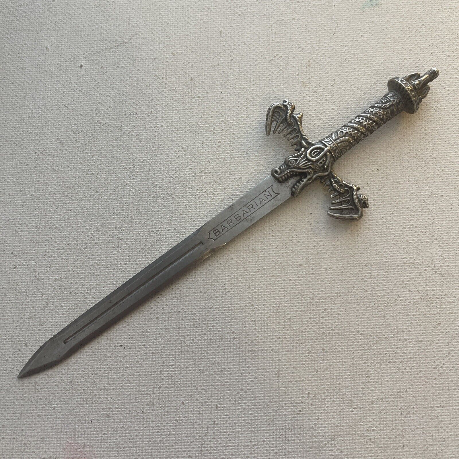 Vintage Spanish BARBARIAN Sword Letter Opener Dragon Handle Silver Tone