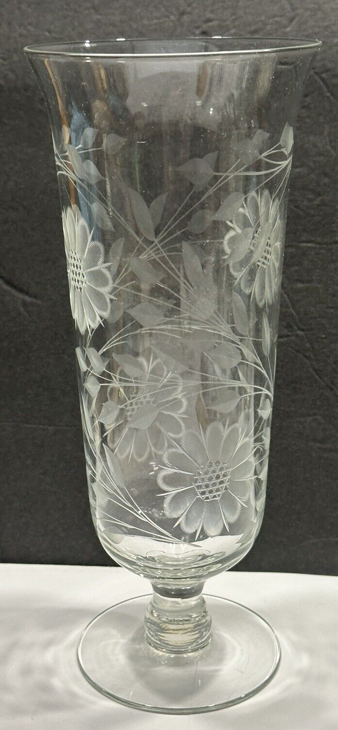 Beautiful Etched 10” Glass Vase - Floral Design - Footed Pedestal - Flowers EUC
