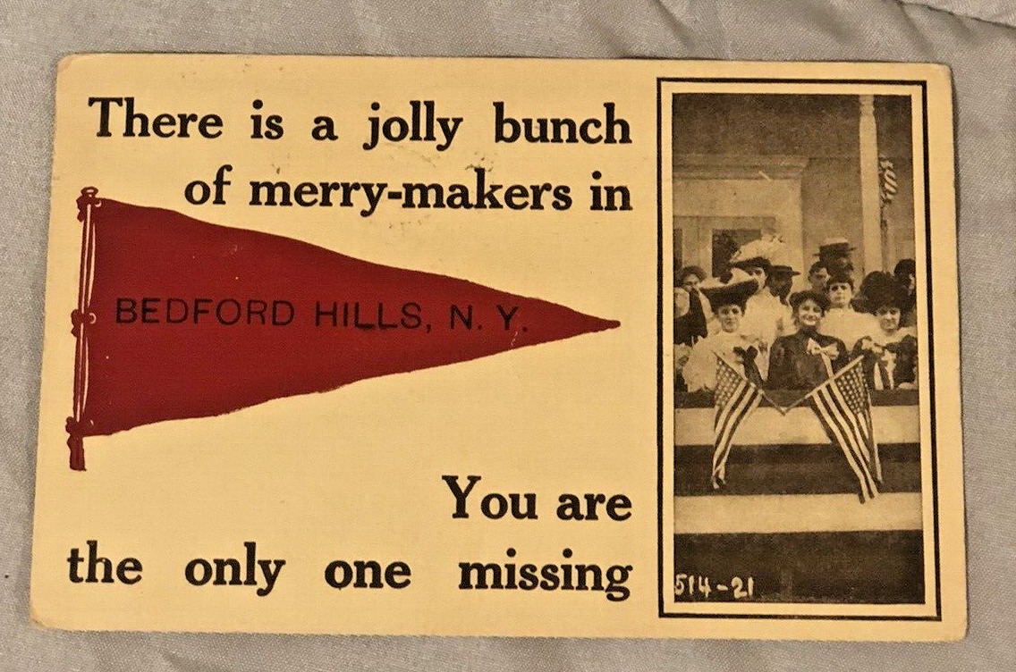 NY Bedford Hills c 1900s Postcard Patriotic Ladies Hats US Flags Red Pennant