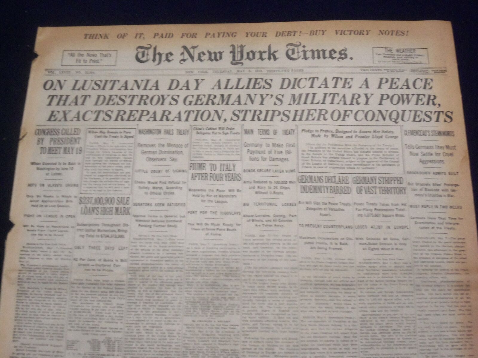 1919 MAY 8 N.Y. TIMES-ON LUSITANIA DAY ALLIES DICTATE A PEACE-BAUM DEAD- NT 9241