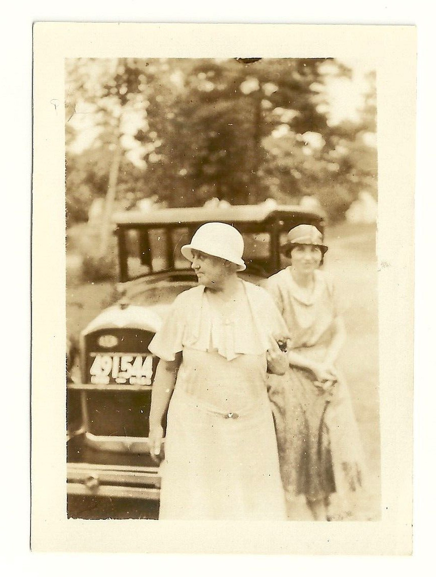 1930s Real Photo Two Women Broken Down Model A Ford 2.5x3.5 Snapshot VTG