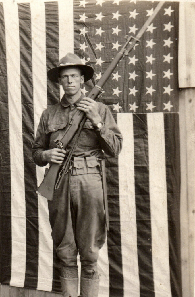 Army Soldier Rifle Bayonet American Flag World War 1 Postcard Rppc Postcard
