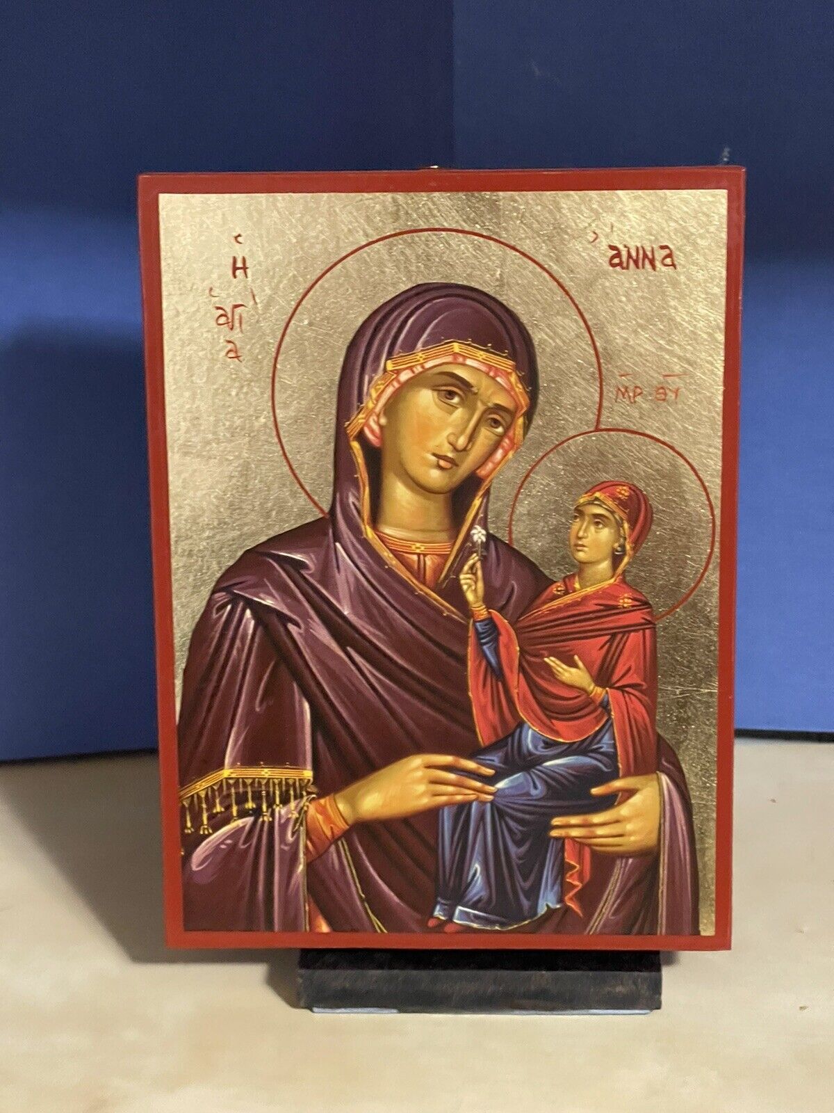 SAINT ANNE WITH VIRGIN -Greek Russian WOODEN ICON FLAT, WITH GOLD LEAF 5x7 Inch