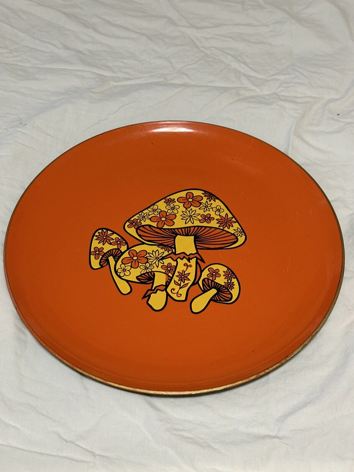 Vintage Retro 1960s 70s Merry Mushroom Serving Tray Plate Orange Yellow 15 1/2\
