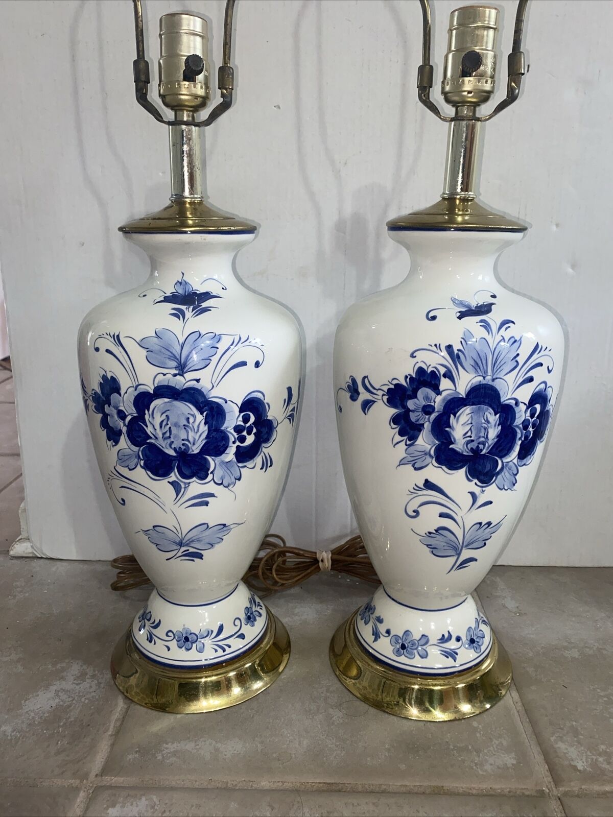 2 Vintage Hand Painted Delft blue/White ceramic vase Lamp - Delft Holland 28”