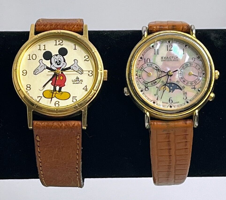 Vintage Set of 2 Watches- Lorus Mickey Mouse, Exactly Moon Phase- UNTESTED
