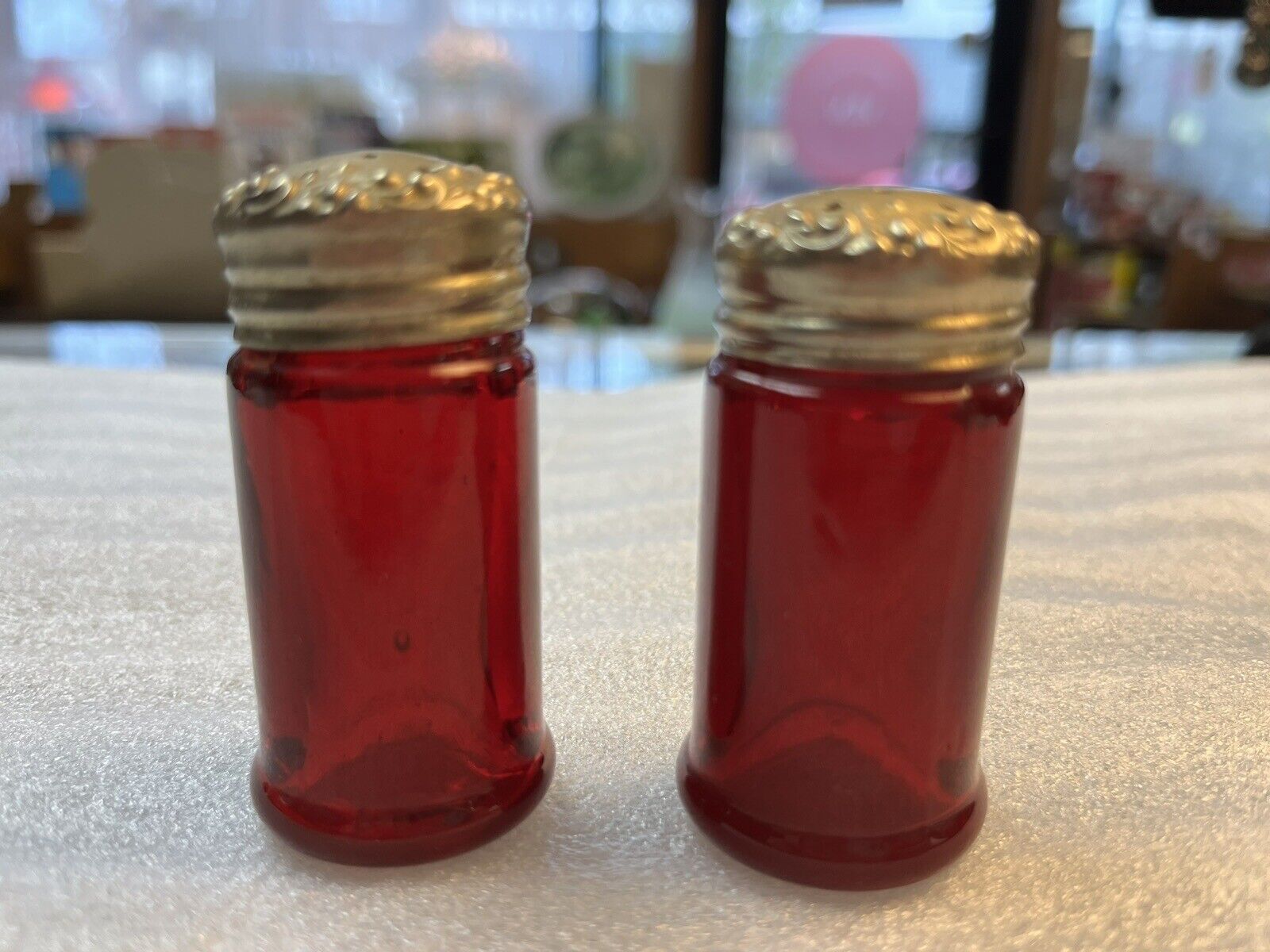 AS IS Paden City Glass Mold Blown Red Salt & Pepper Shaker Set-1927-37 RARE