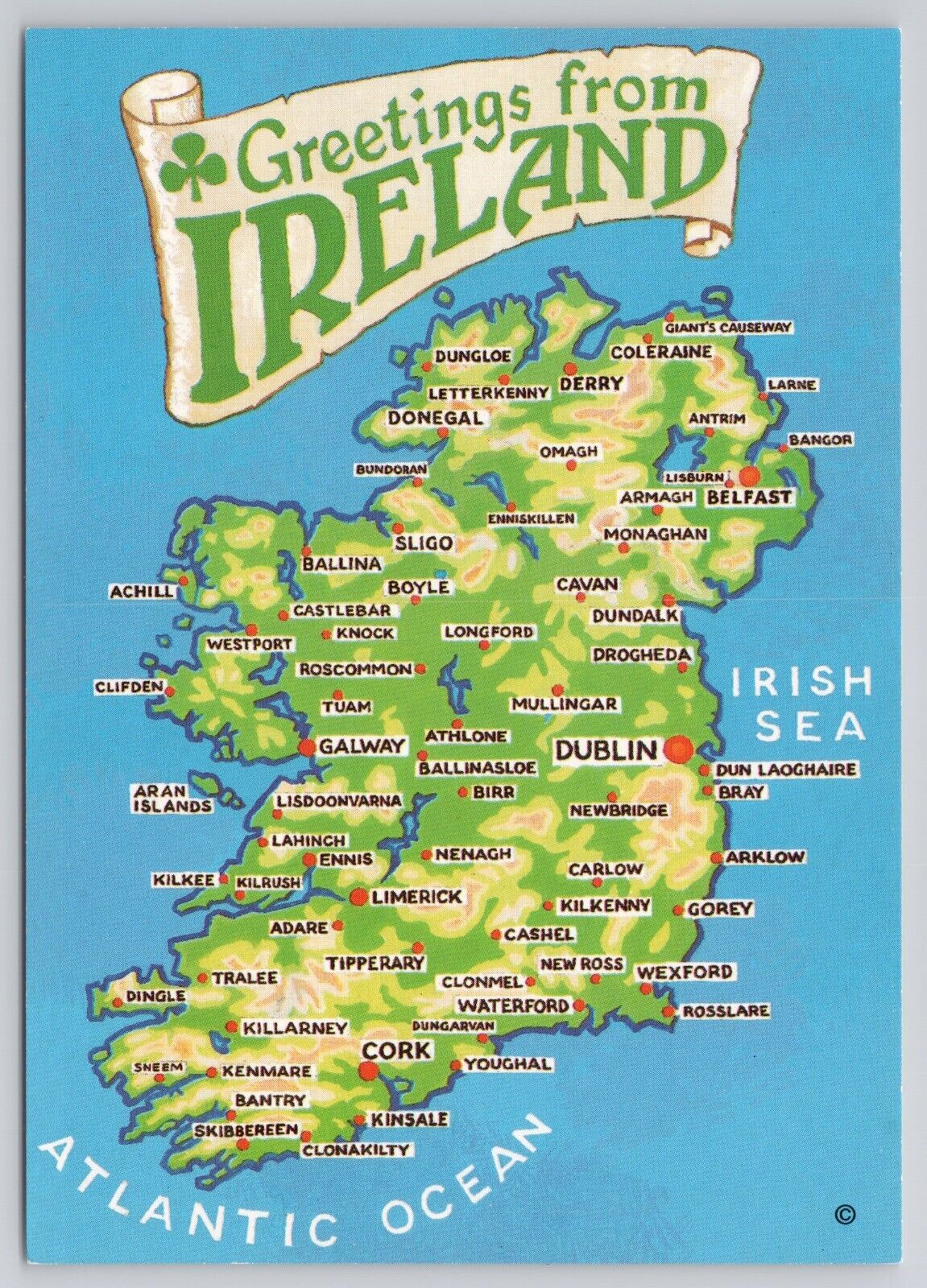 Greetings From Ireland Map of Irish Cities Atlantic Ocean Irish Sea Postcard