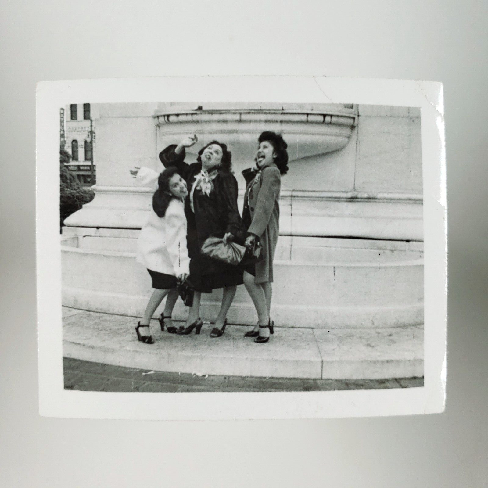 Latina Women Being Silly Photo 1940s Girls Goofing Off Ladies B&W Snapshot A3574