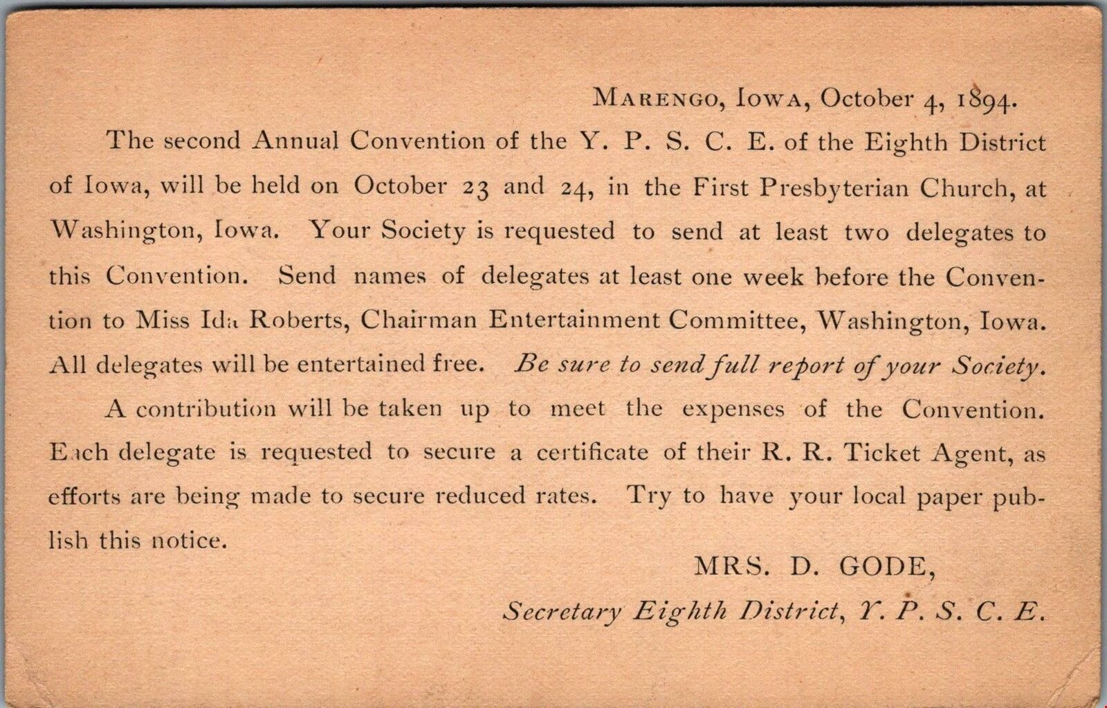 Postcard Convention YPSCE 8th District Iowa Marengo Iowa 1894