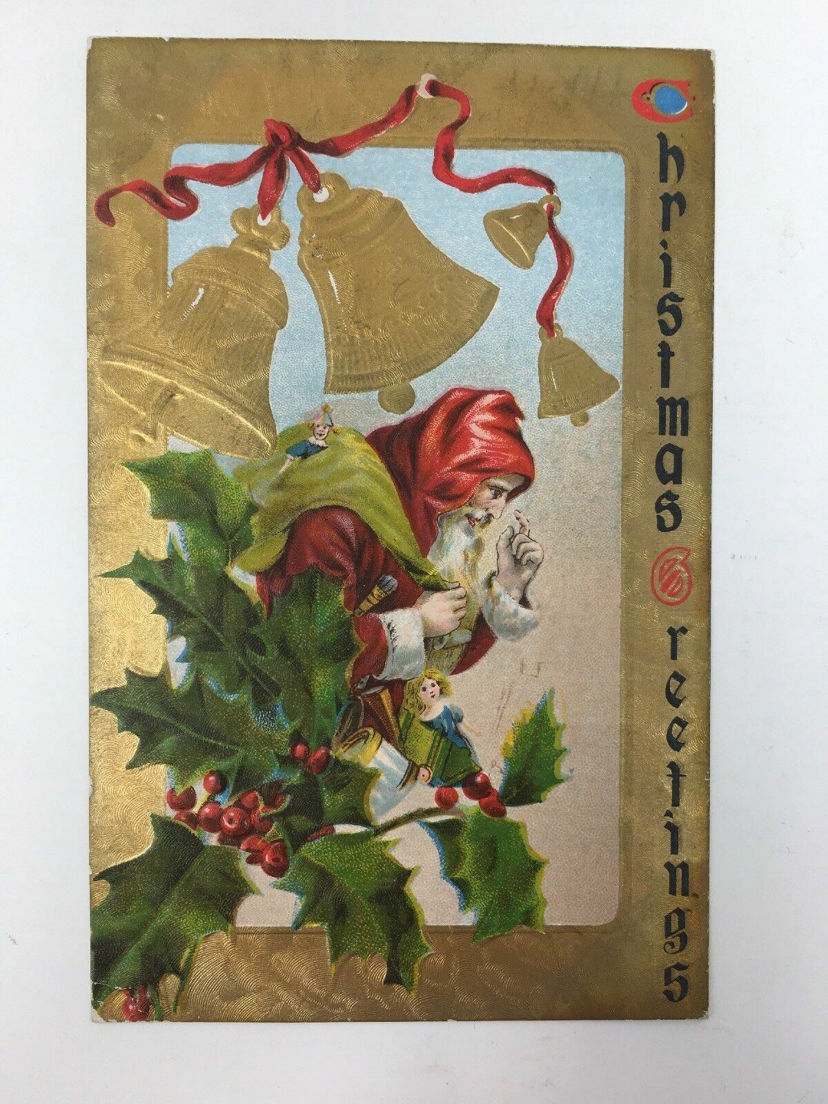 c. 1909 Santa Claus Father Christmas Postcard Embossed Bells Holly Gold 
