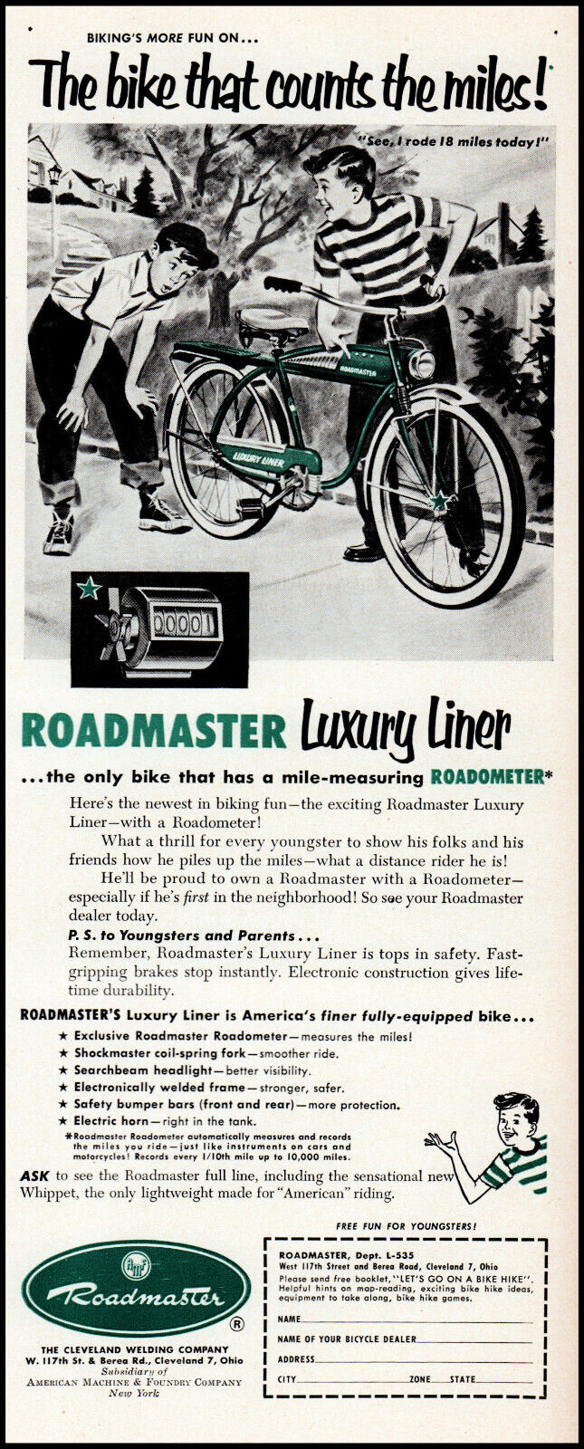 1953 Roadmaster Luxury Liner Bicycles young boys vintage art print ad L52