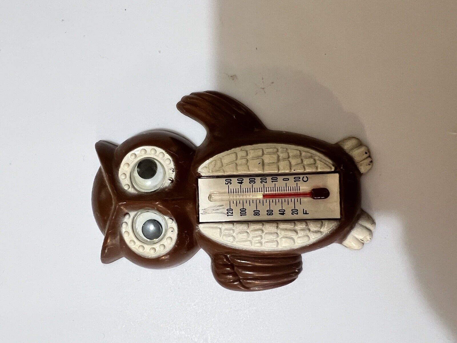 Vintage Arjon  Plastic Googly Eye Brown Owl Thermometer Fridge Magnet