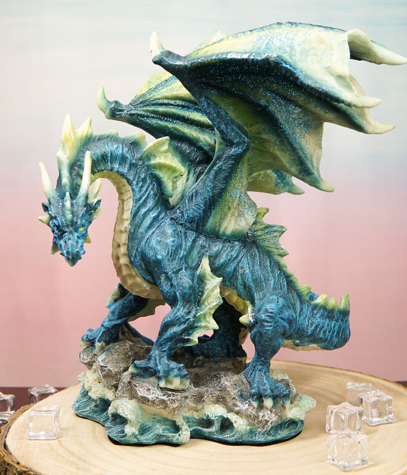 Ebros Large Blue Hyperion Water Behemoth Dragon Standing On Rock Figurine 11\
