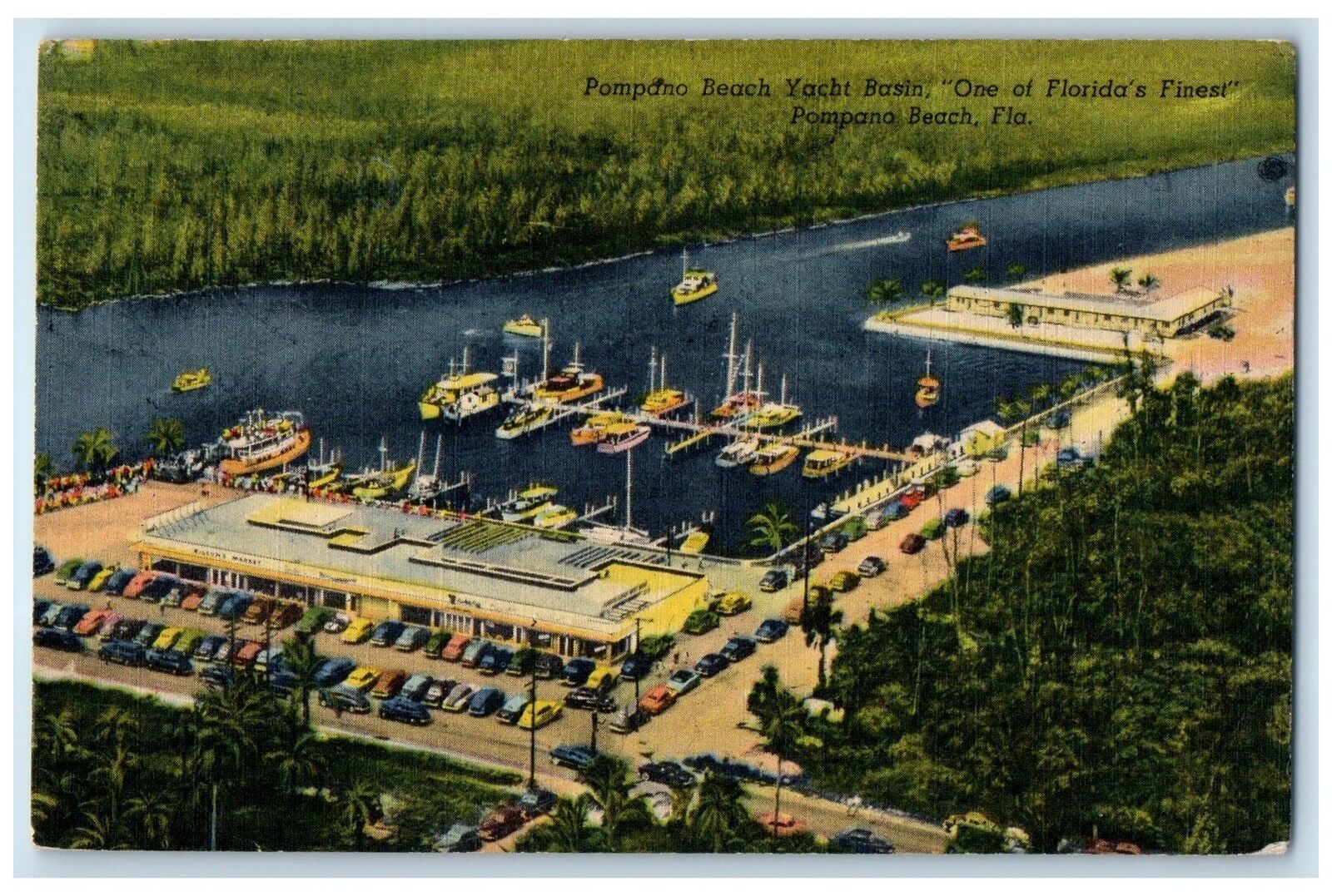 1954 Aerial View Pompano Beach Yacht Basin Classic Cars Pompano Florida Postcard