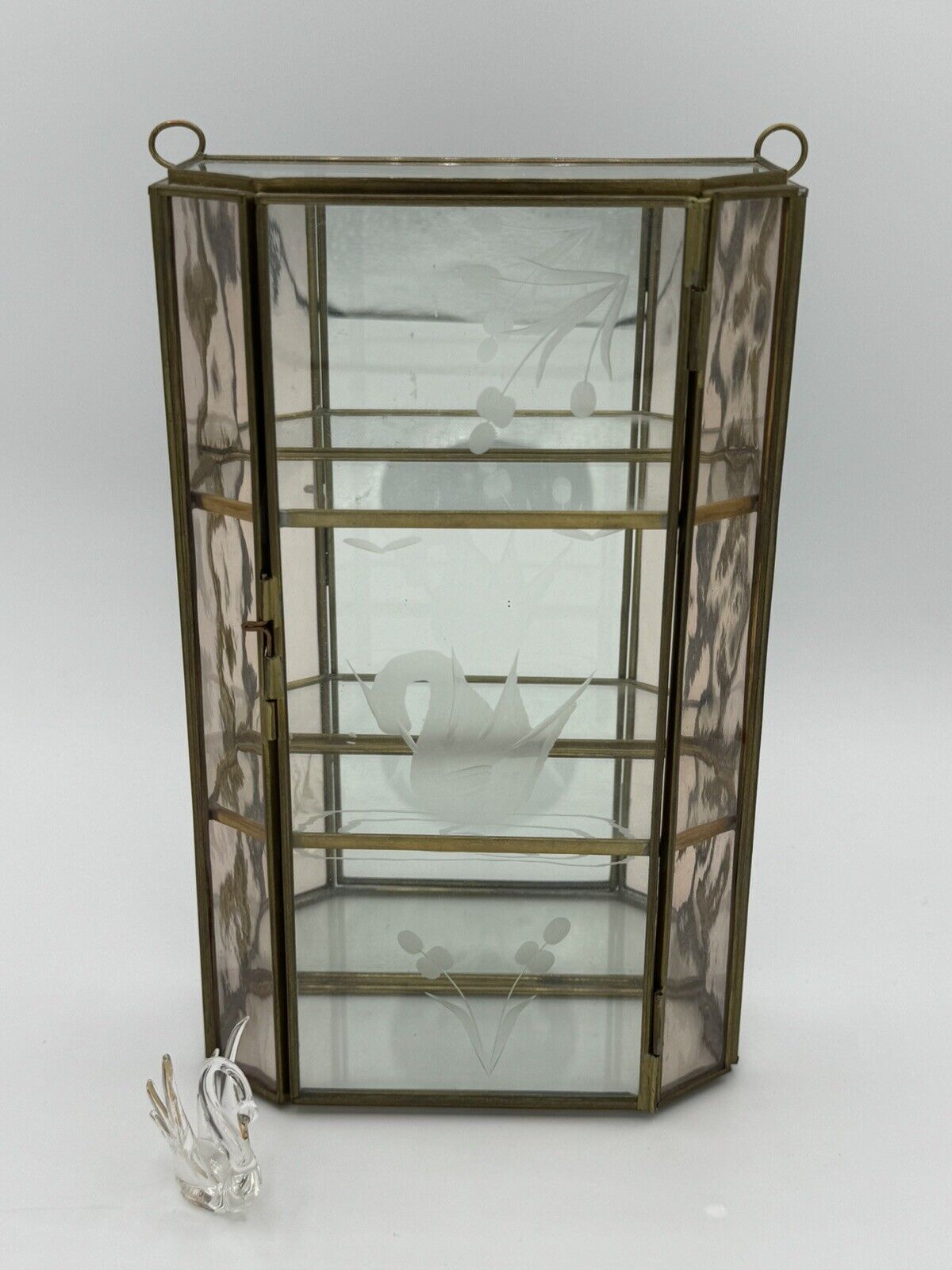 Vintage Mirrored Brass & Glass Jewelry Box Trinket Curio Cabinet SWAN Print