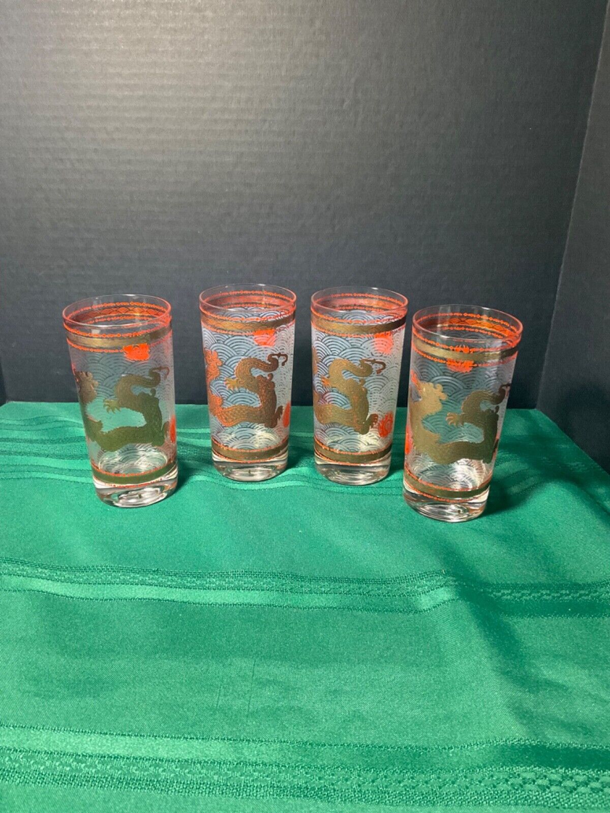 4x RARE Vintage 60s Chinese New Year GOLDEN DRAGON Highball Drinking Glasses WOW