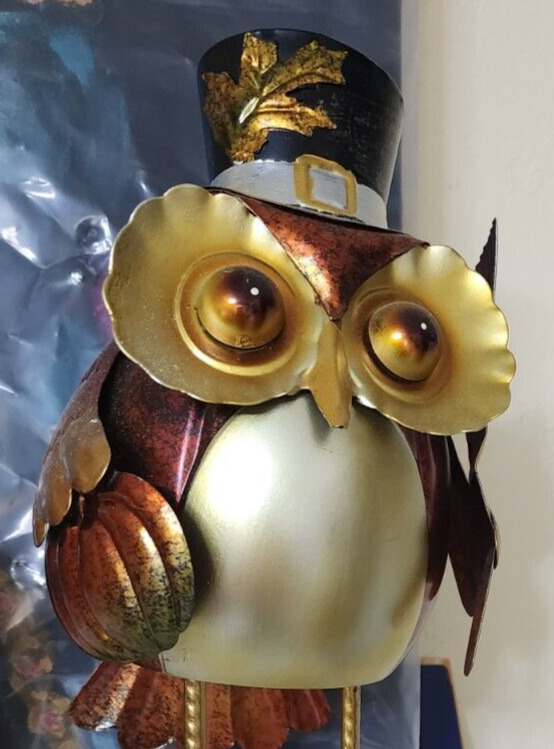 OWL  12.5” Whimsical Top Hat Copper Metal Wiggly legs