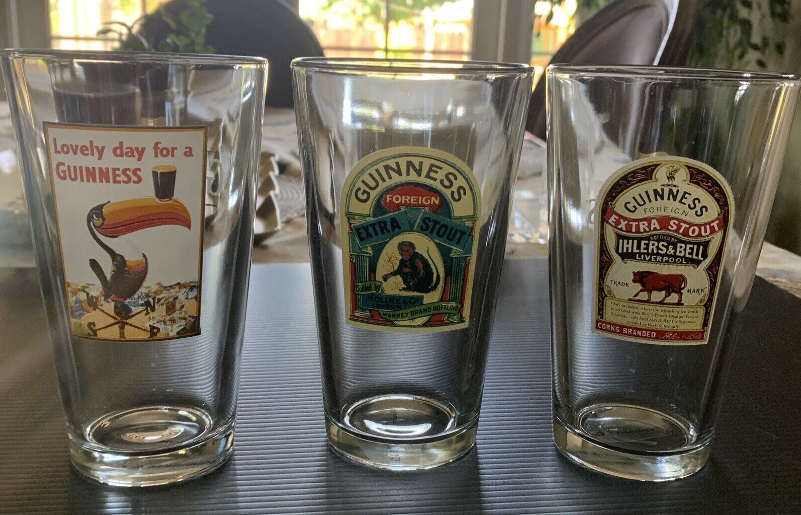 3- Guinness Pint Beer Glass Ihlers & Bell,  Guinness Foreign Extra Stout Monkey