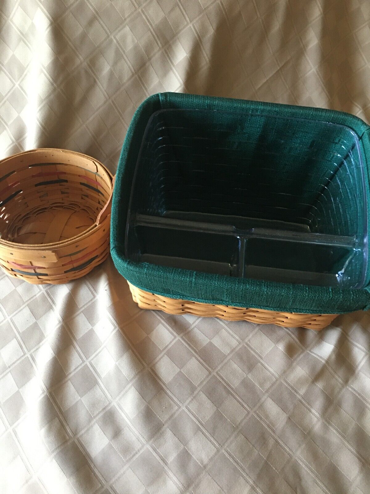 2 Longaberger vintage Baskets; Sewing Basket+Button basket w/leather handles