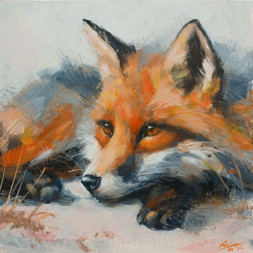 FOX PORTRAIT FINE ART ORIGINAL PAINTING 12 x 12 inch by  UK Artist JOHN SILVER