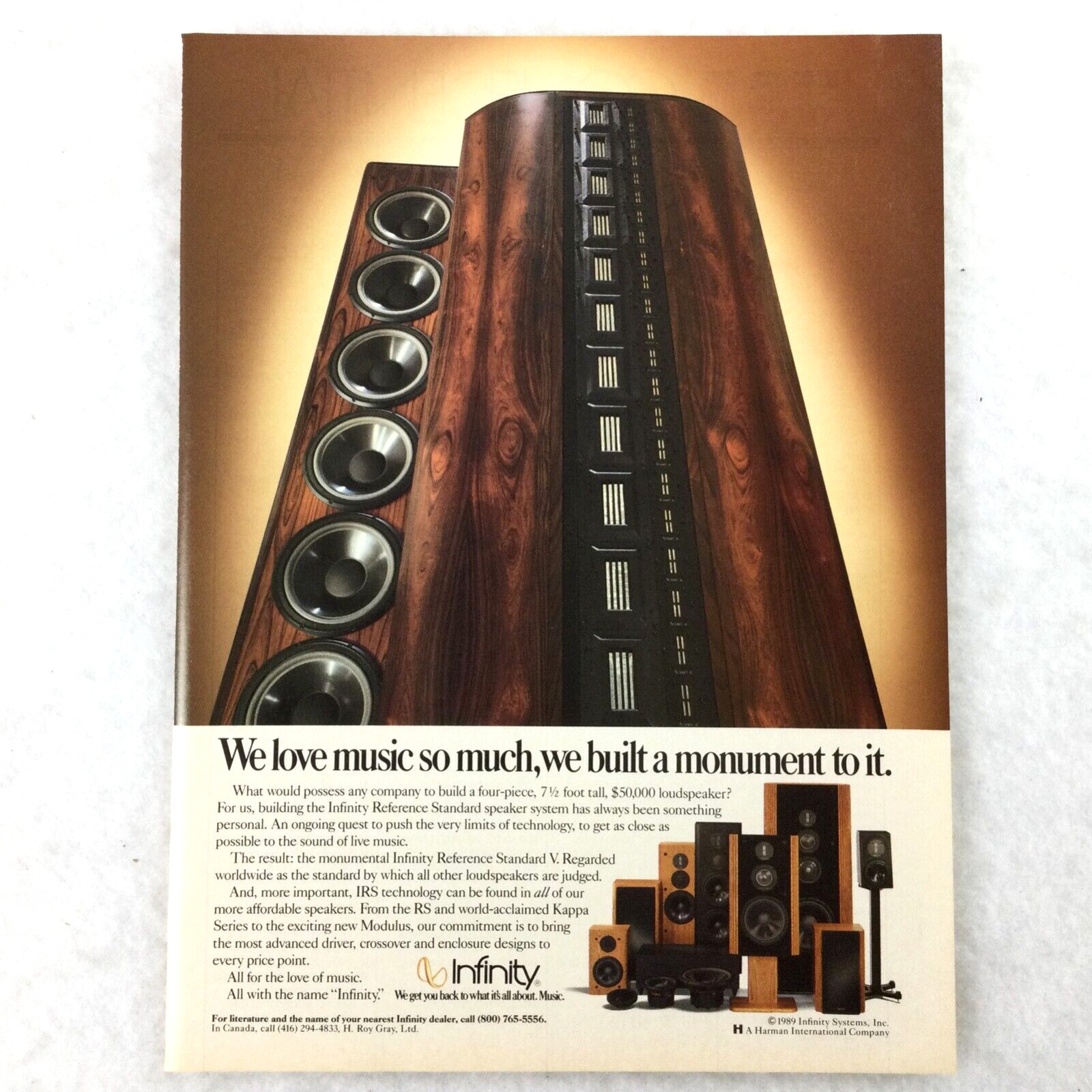 1989 Infinity Stereo Speakers VINTAGE 80s PRINT AD We Built A Monument To It