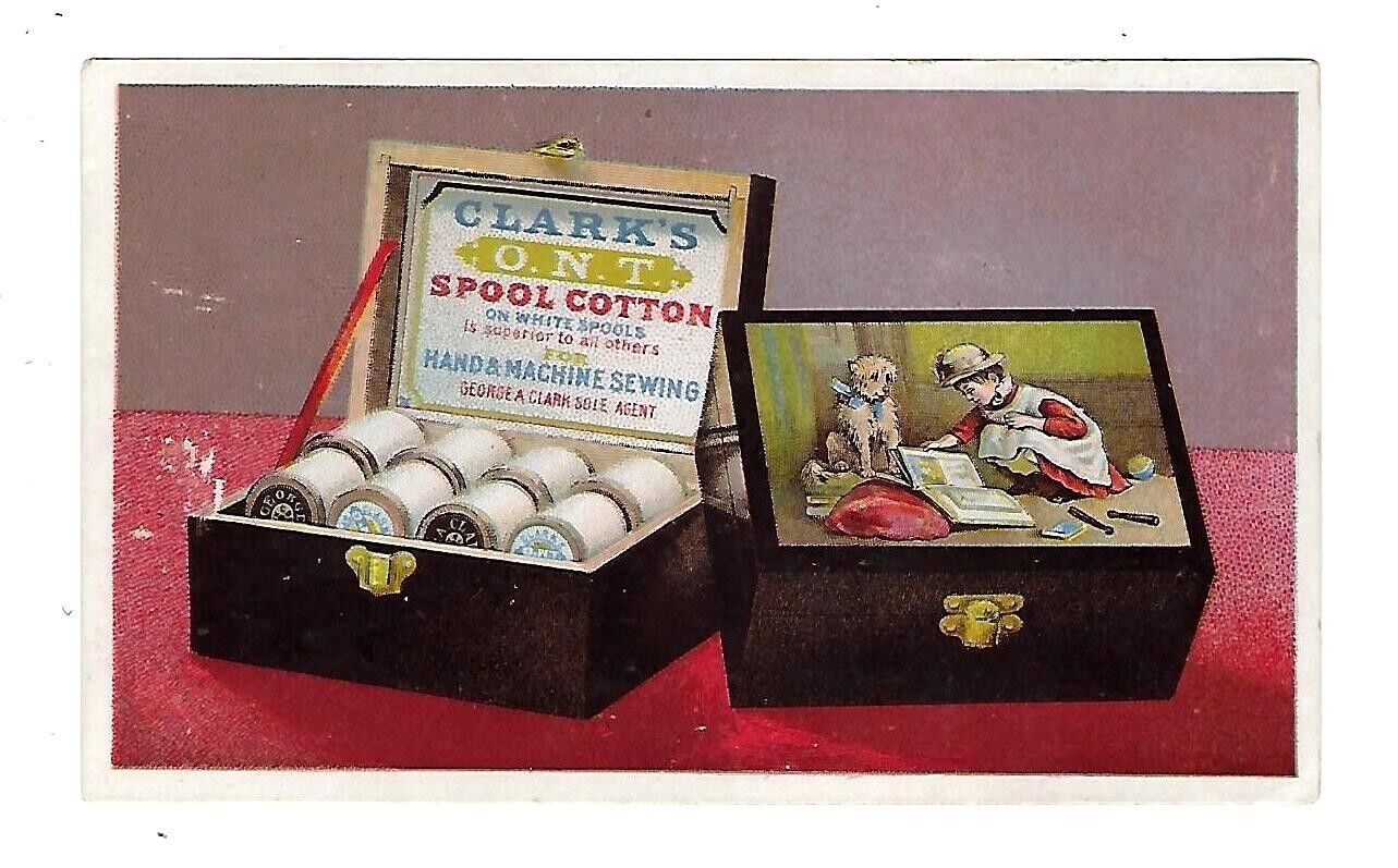 c1890 Victorian Trade Card Japanned Spool Boxes Clarks O.N.T. Spool Cotton