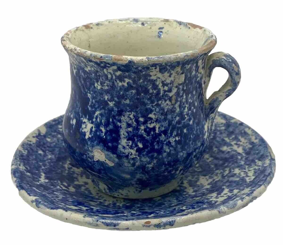 Antique ~ Cobalt Blue Spatter Ware 💙Childs Cup & Saucer Handmade Pottery