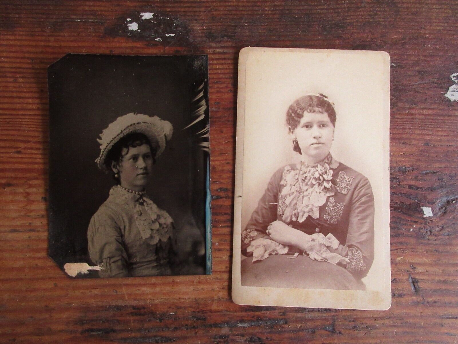 ANTIQUE TINTYPE FERROTYPE & SMALL CABINET CARD WOMAN PORTRAIT TAKEN IN WISCONSIN