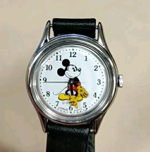 Vintage Mickey Mouse Watch with Black Leather Band Disney Classic