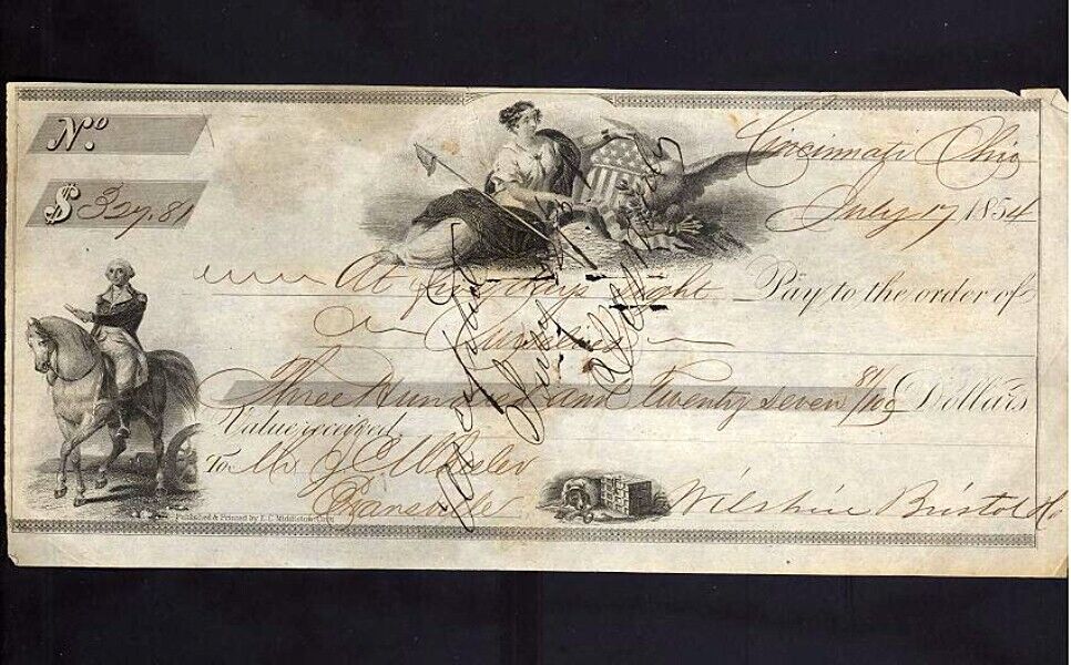 Original 1854 Bank Draft with Great Vignettes