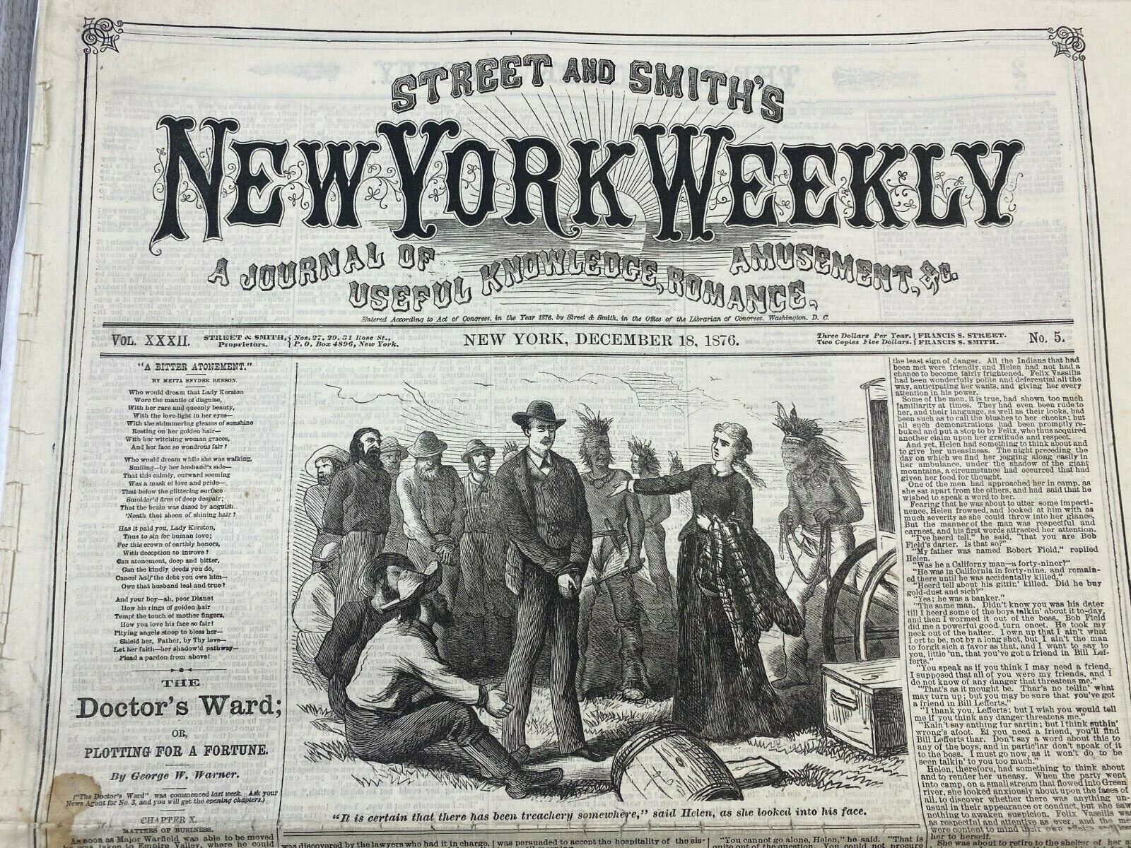 Street and Smiths NEW YORK WEEKLY Vintage Newspaper December 18, 1876 No.5 15x22