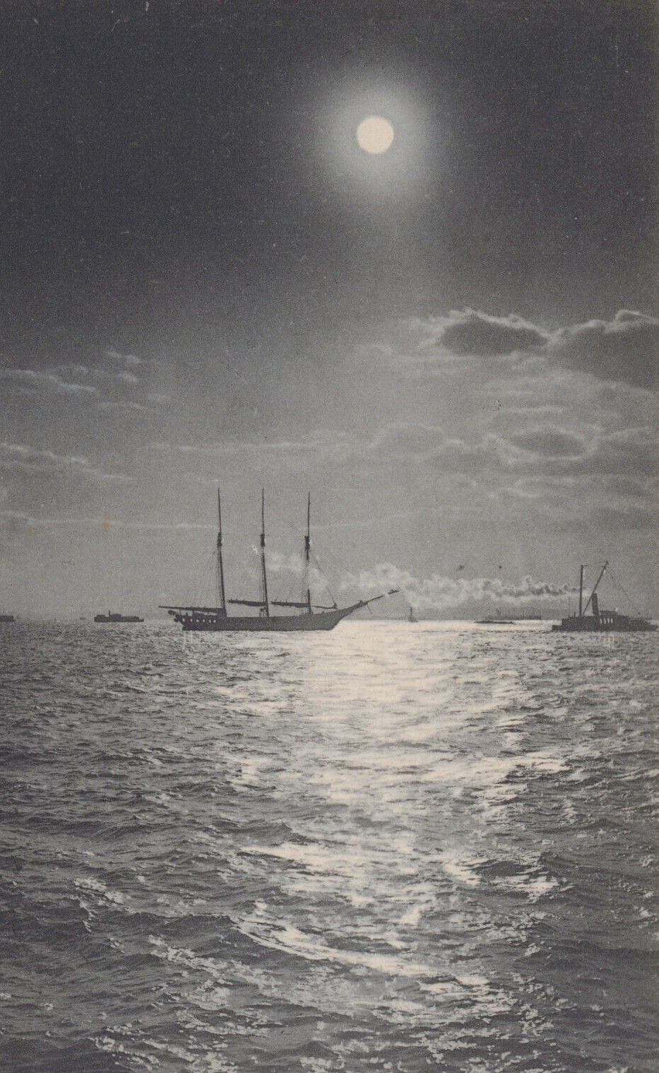 Ships Docked in New York Harbor under Moonlight Undivided Back Vintage Post Card