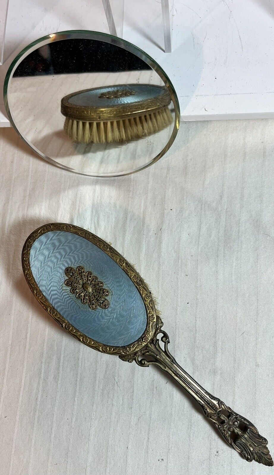 Antique Elegant Victorian French  Brush Brass Light Blue 9.5 Inches Excellent