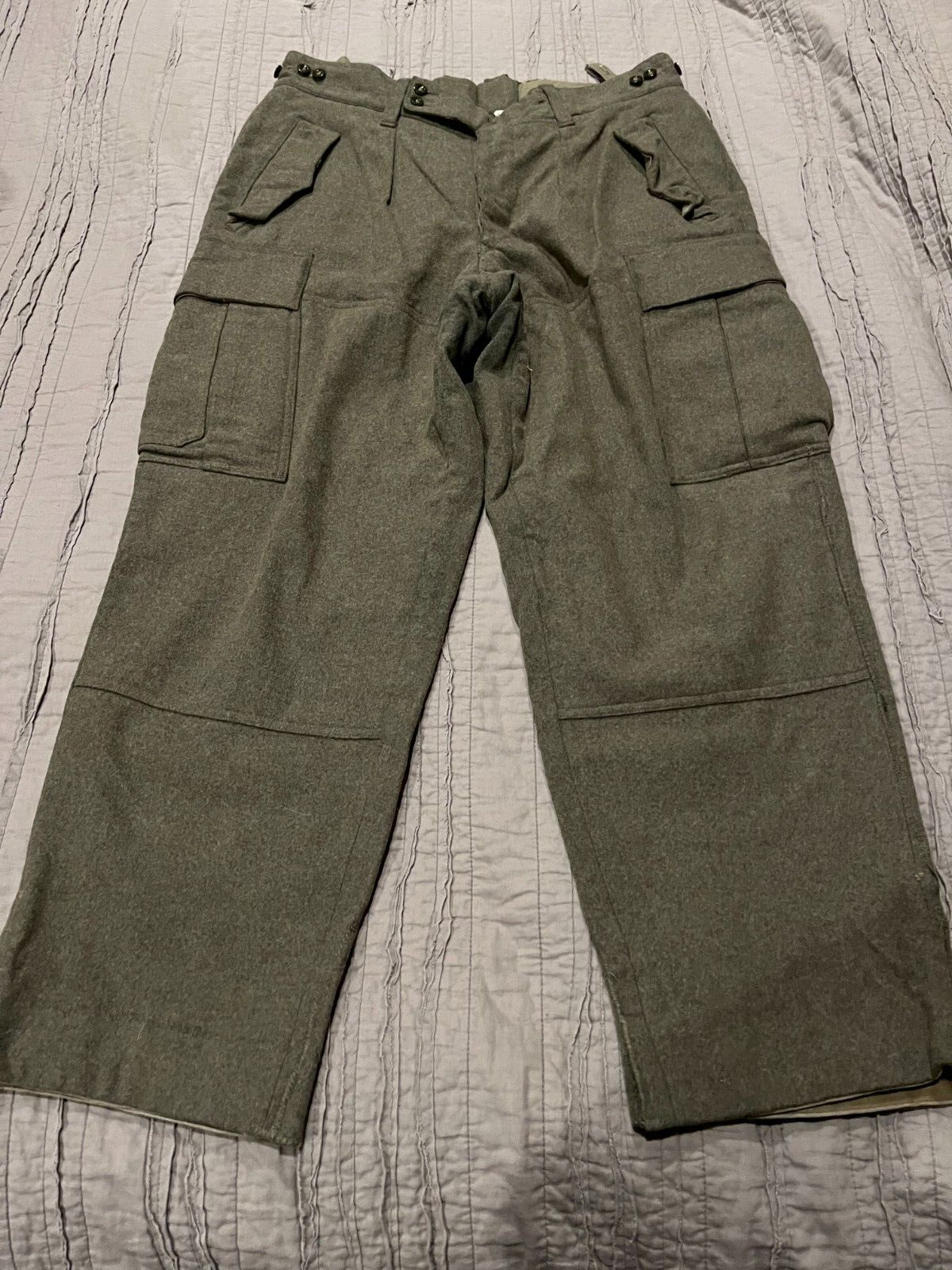 Men\'s Vtg 60s SEYNTEX Khaki Green Wool Military Button Fly Cargo Pants 35 x 28.5