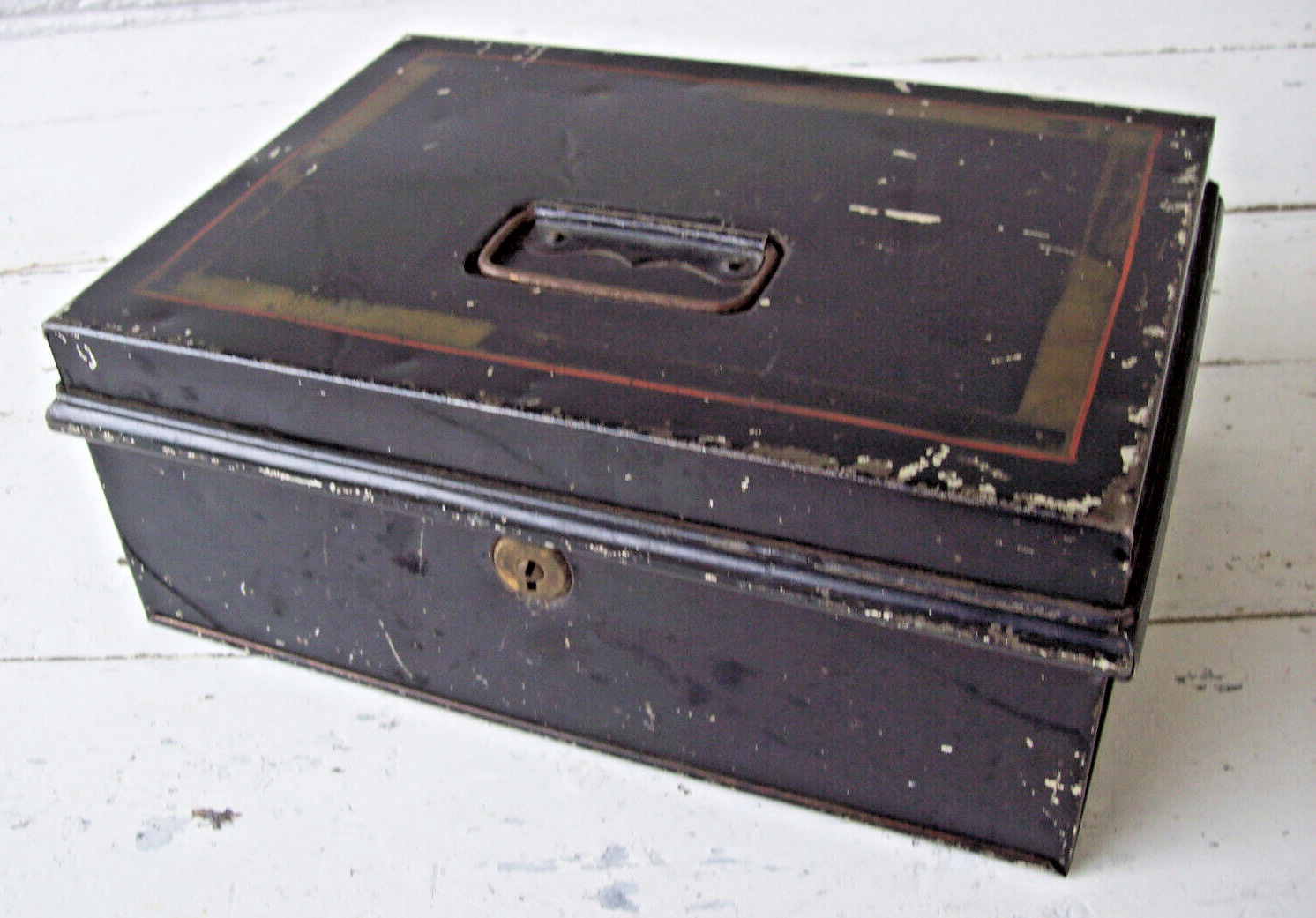 Vintage Painted Metal Cash Storage Strong Box~Black Gold Red~11\