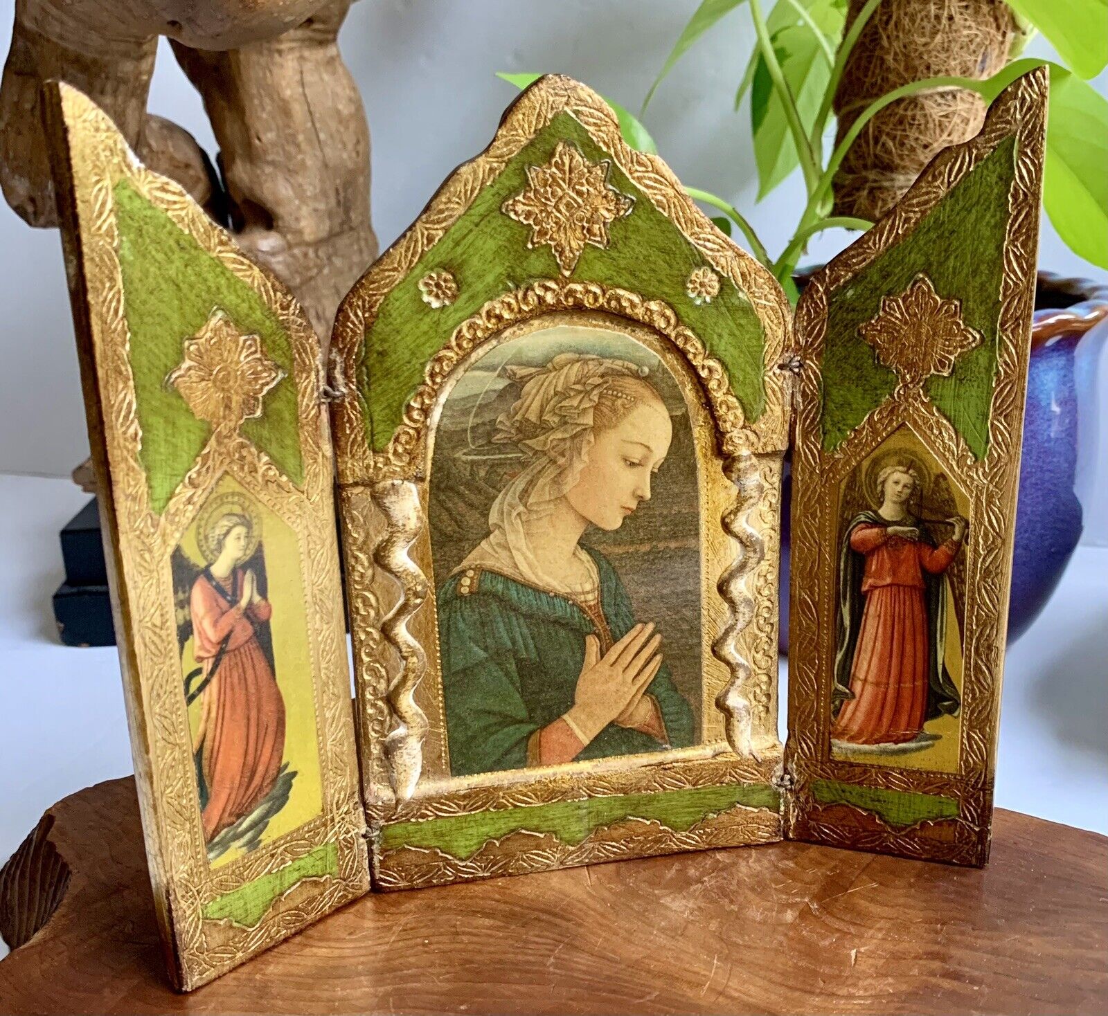 Vintage Italian Florentine Triptych Wood Religious Altar Icon Madonna Green Gold
