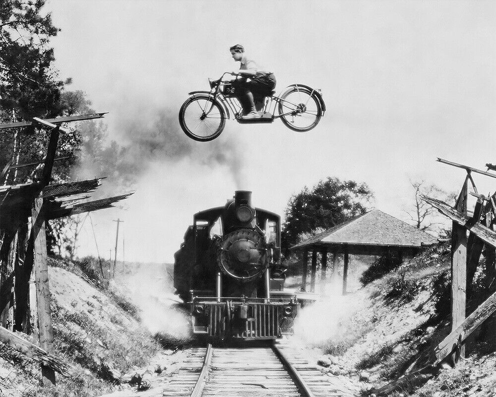 Motorcycle Jumping Old Train Photo Print Dangerous Crossing Daredevil Rider Art