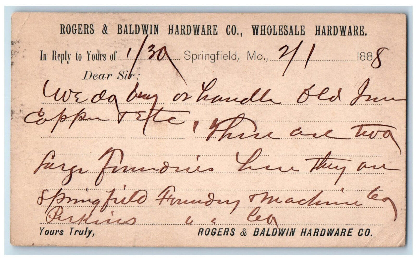 1888 Rogers & Baldwin Hardware Co. Wholesale Hardware Springfield MO Postal Card