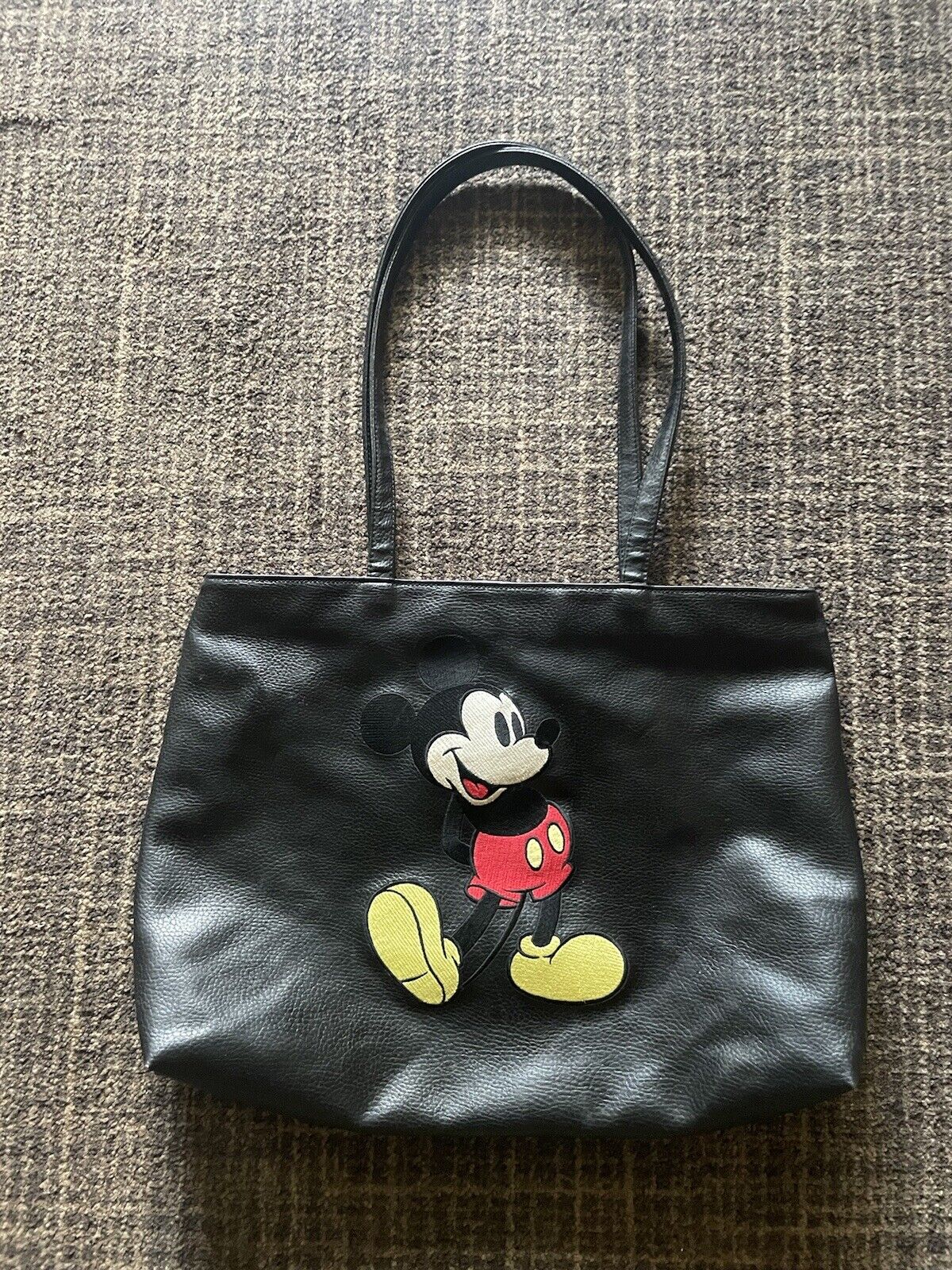 VINTAGE Walt Disney Company Tote Black Leather Mickey Mouse Embroidered BAG