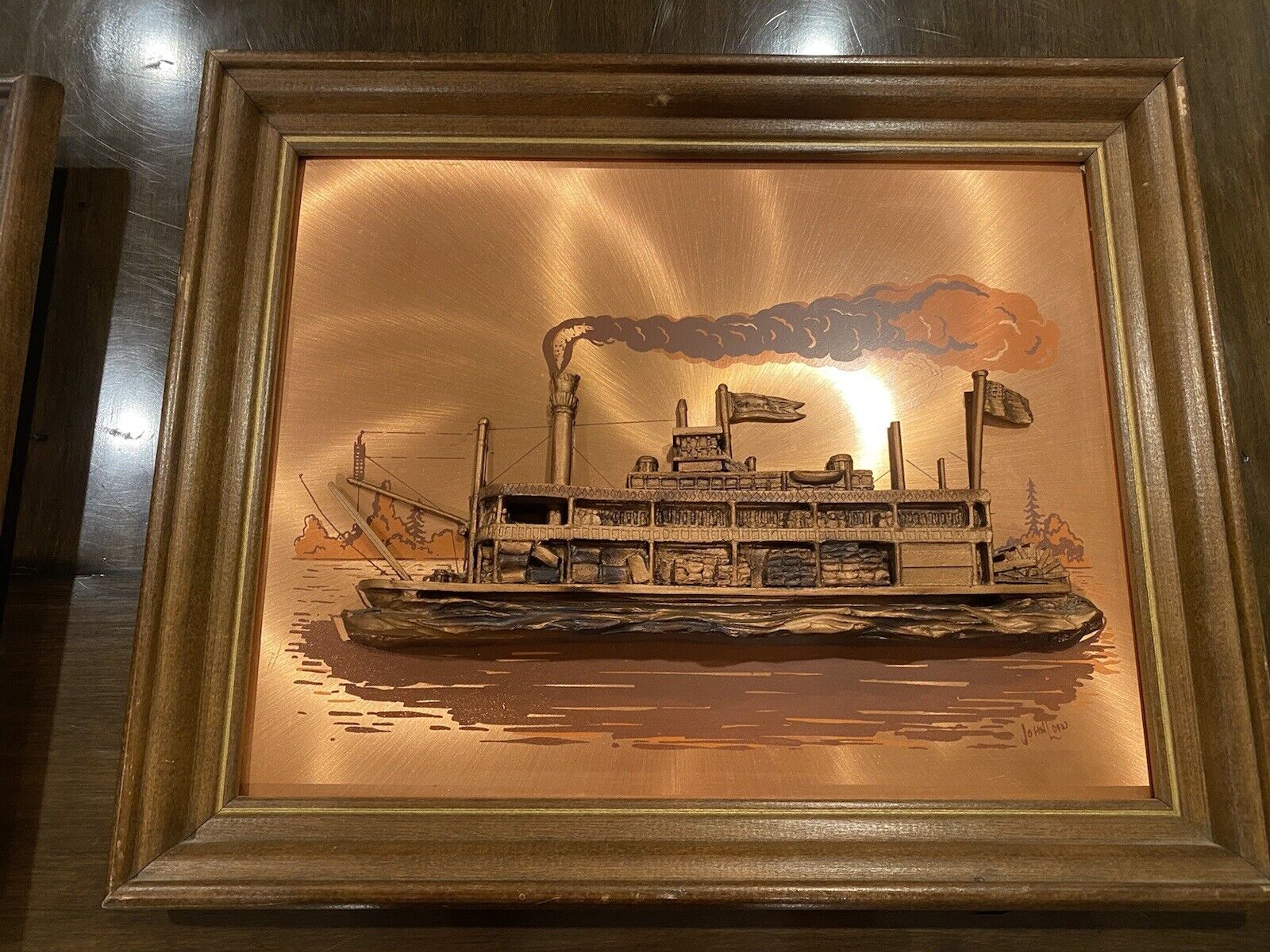 Vintage Signed John Louw Copper & Resin 3D Steam Ship Framed Wall Art Signature