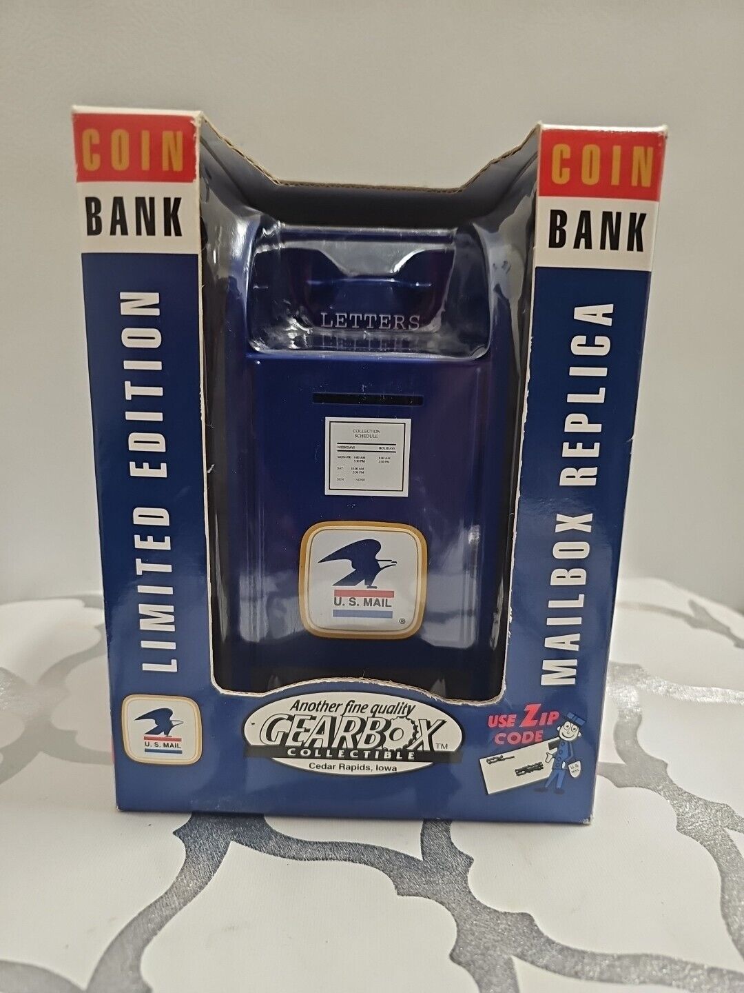 Coin Bank 1997 Gearbox USPS Post Office Blue Mailbox Brand New in Box