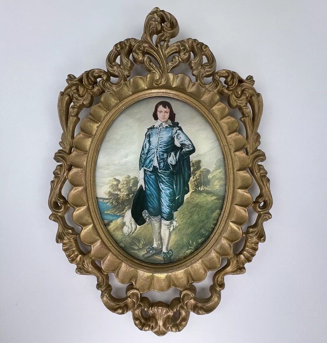 Vintage Blue Boy Rococo Print Plastic Frame Made In Italy Convex Glass 10.5”