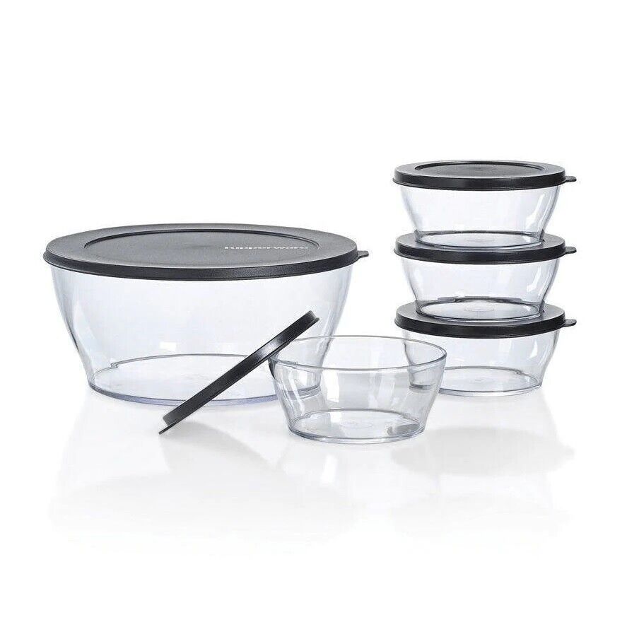 NEW Tupperware Clearly Elegant® 5 Pc Serving Set Black Seals LOOKS LIKE GLASS