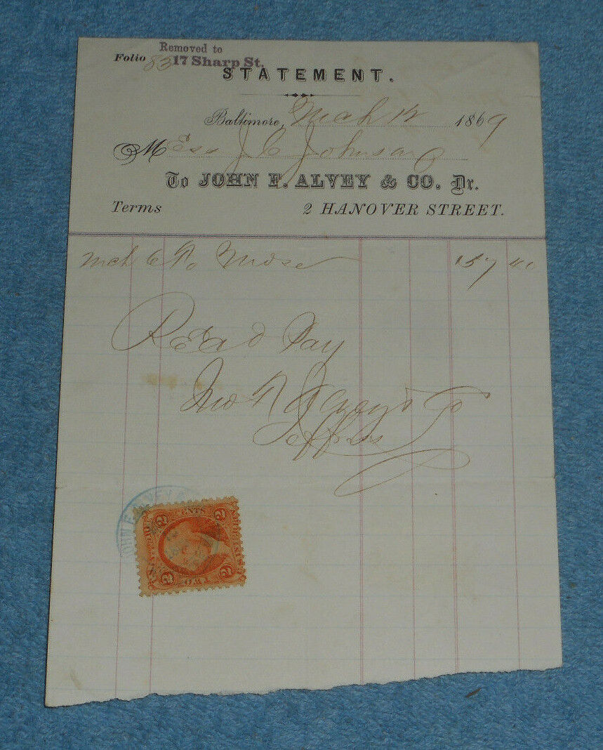 1869 John F Alvey & Co Dry Goods Linens Hosiery Etc Dealer Baltimore MD Billhead