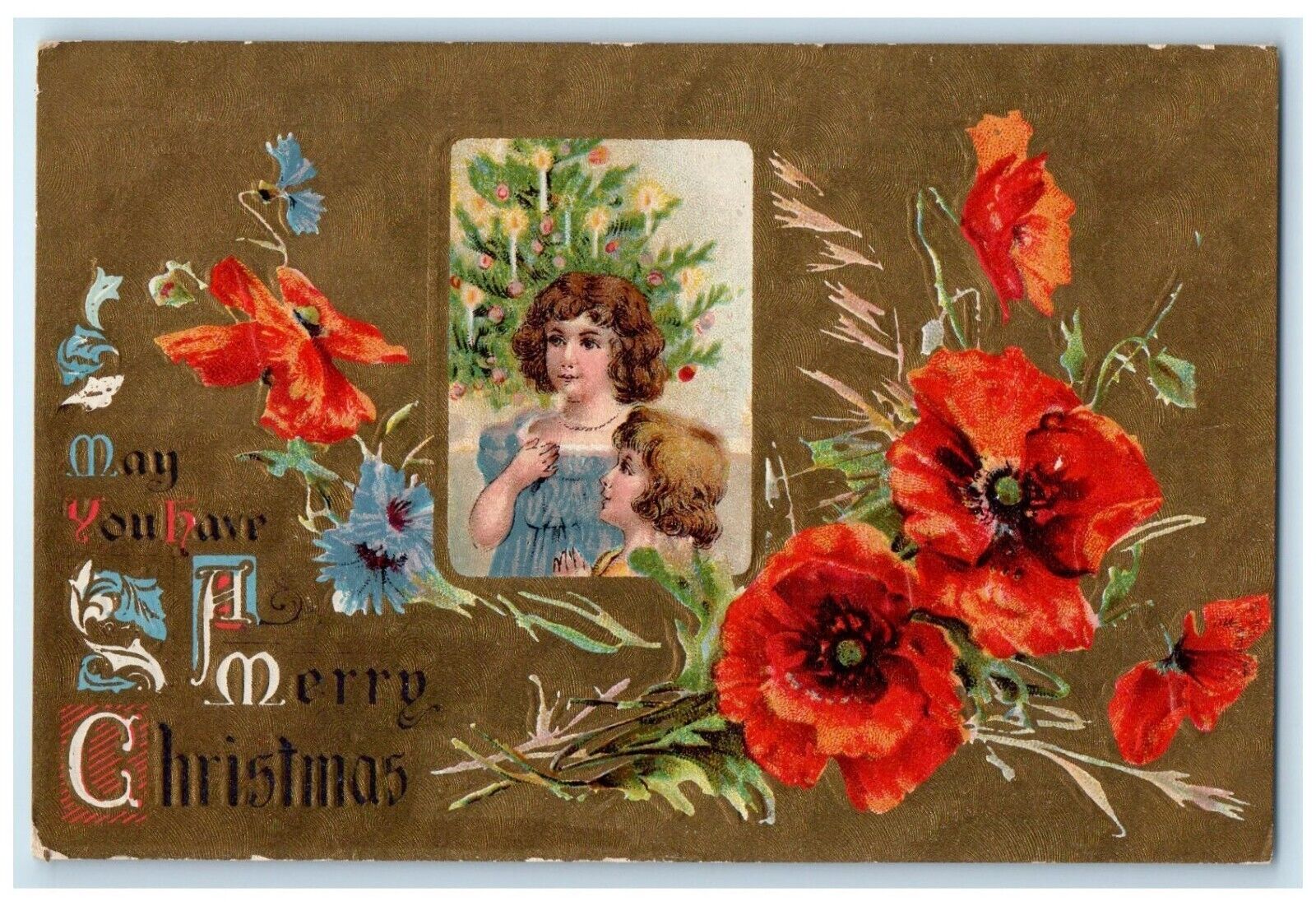 c1910\'s Merry Christmas Tree Girls Flowers Embossed Posted Antique Postcard