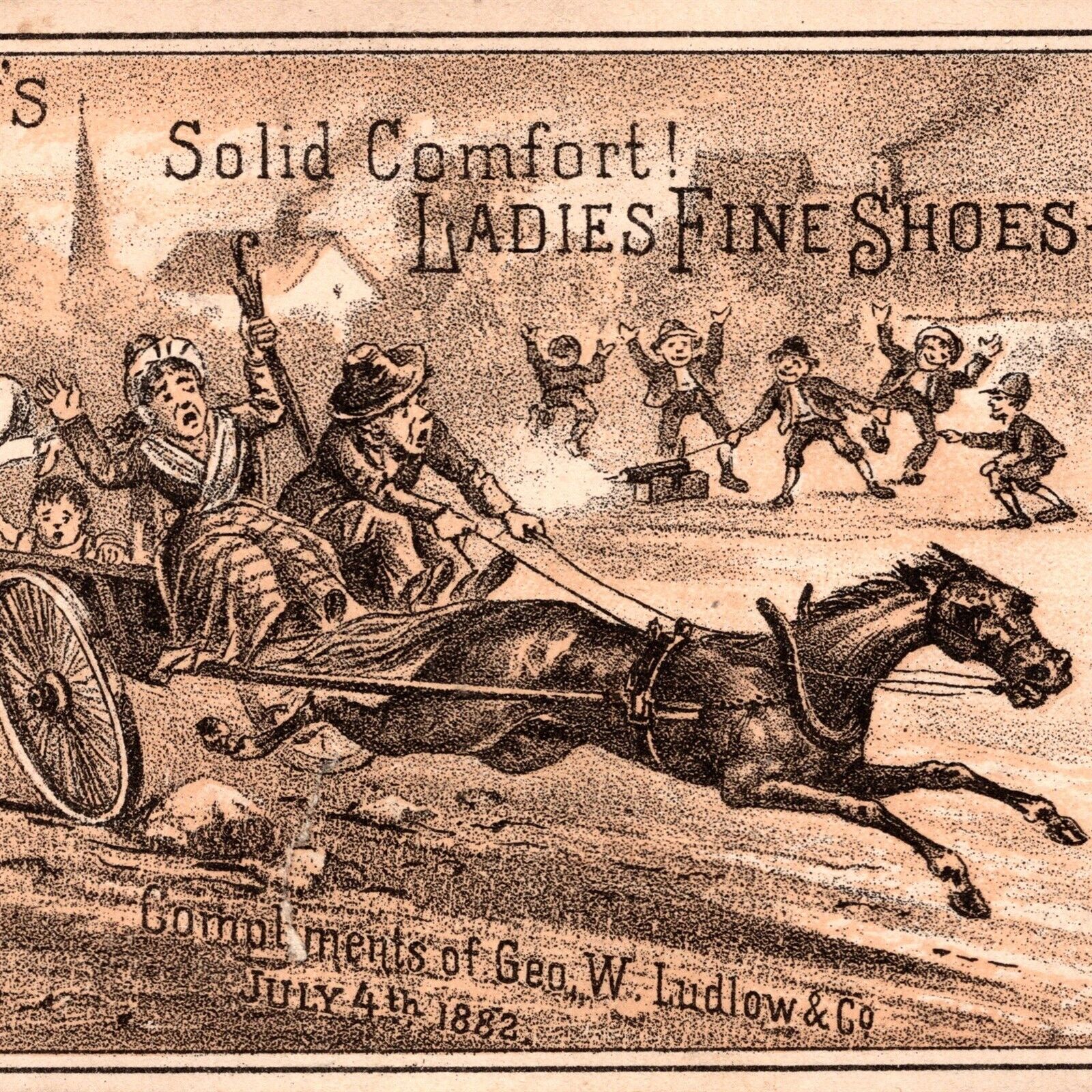 1882 George Ludlow's Ladies Fine Shoes Runaway Horse Wagon Victorian Trade Card