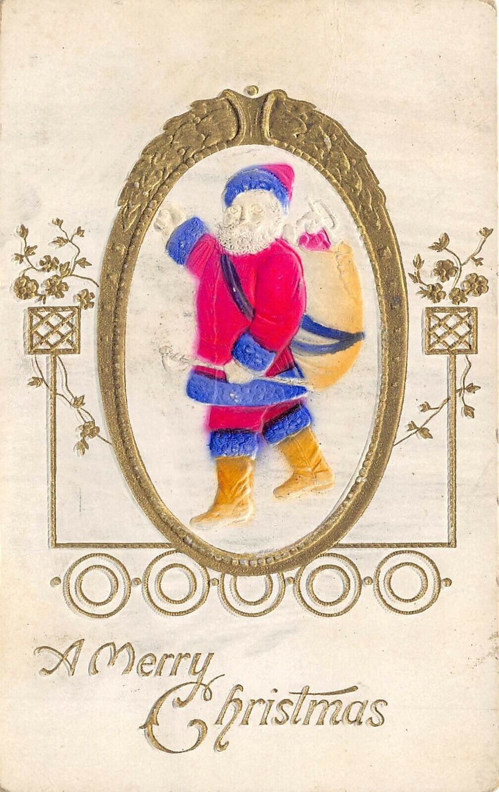 Merry Christmas 1911 Embossed Postcard Santa Claus in Red & Blue Coat with Sword