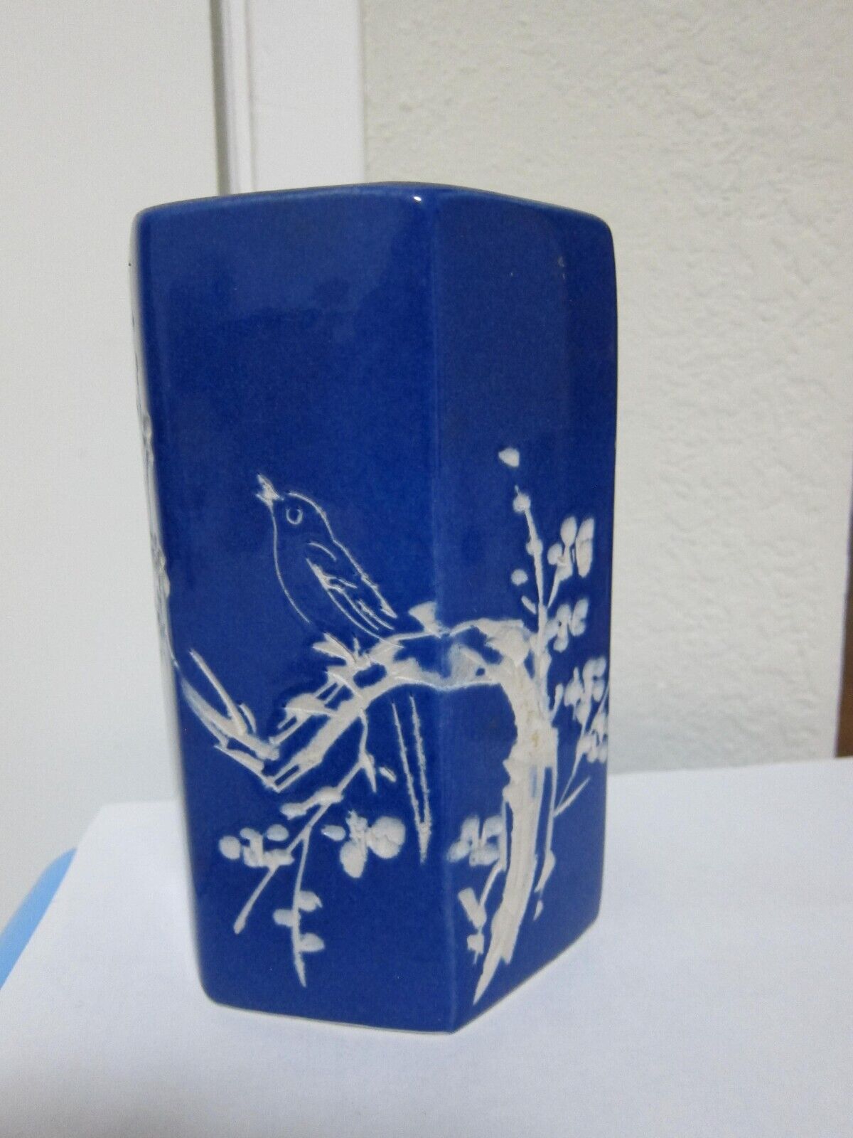 Vintage Chinese Asian blue and white plum blossom porcelain hexagon shaped vase